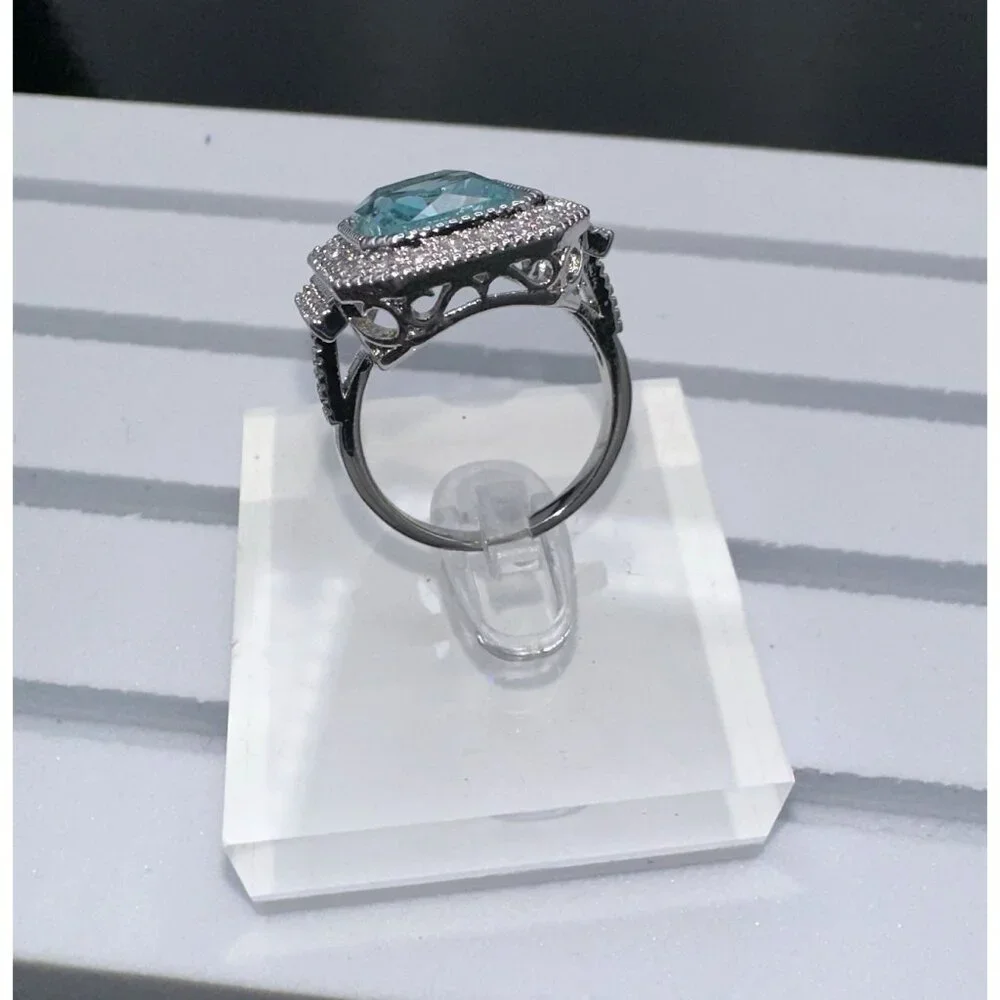 Aquamarine Cubic Zirconia & White Crystal Statement Ring - Picture 12 of 16